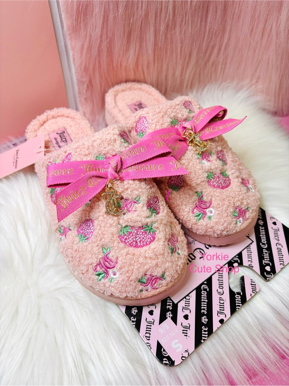 NWT Juicy Couture Coquette Pink Blush Embroidered Strawberry Slippers